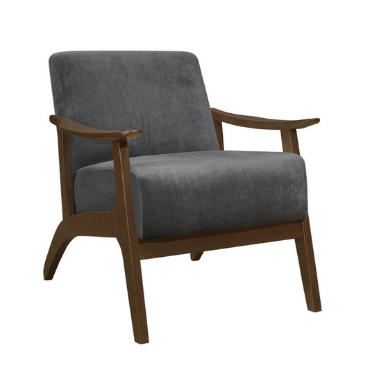 Rica 32 Inch Accent Armchair, Curved, Dark Gray Velvet, Brown Solid Wood By Casagear Home