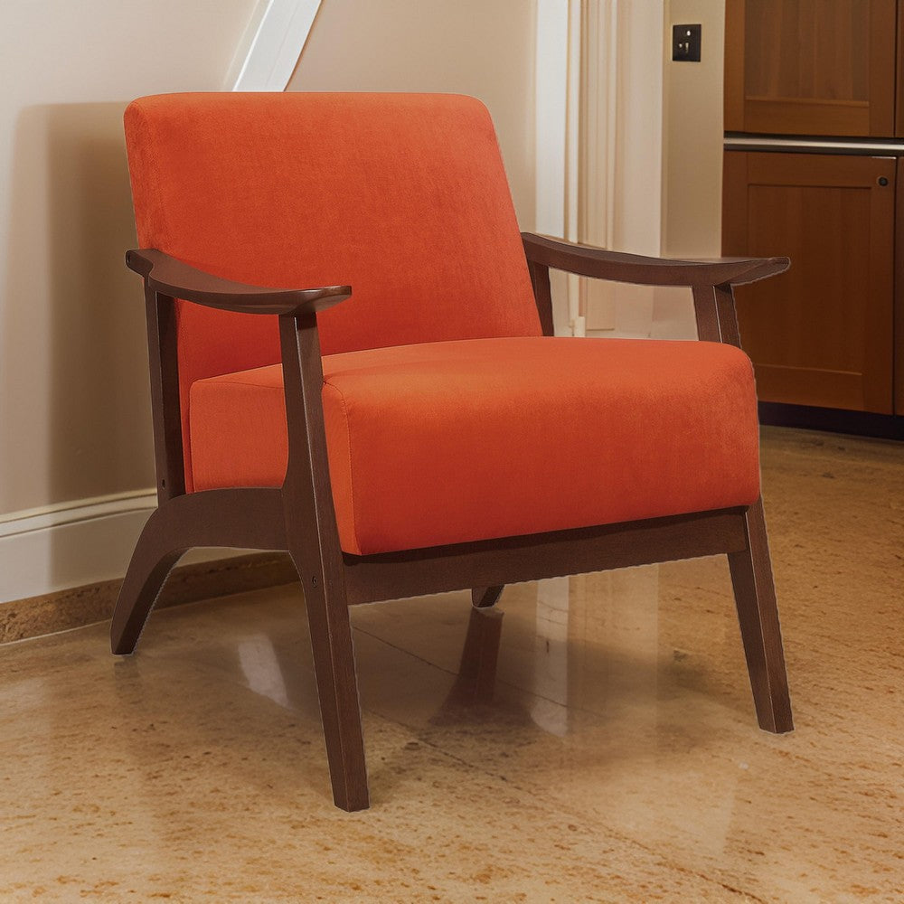 Rica 32 Inch Accent Armchair, Curved, Soft Orange Velvet, Brown Solid Wood By Casagear Home