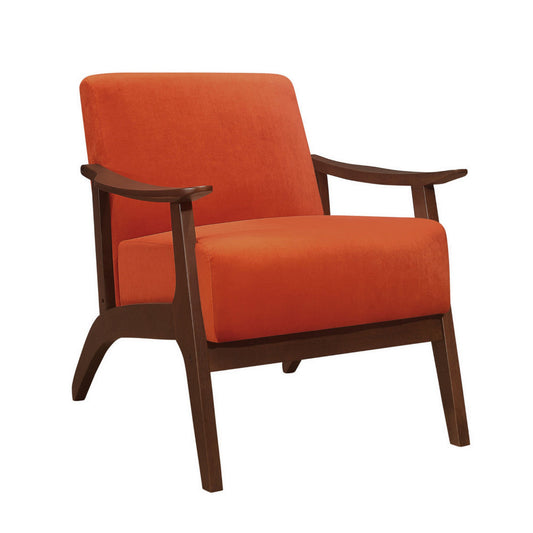 Rica 32 Inch Accent Armchair, Curved, Soft Orange Velvet, Brown Solid Wood By Casagear Home