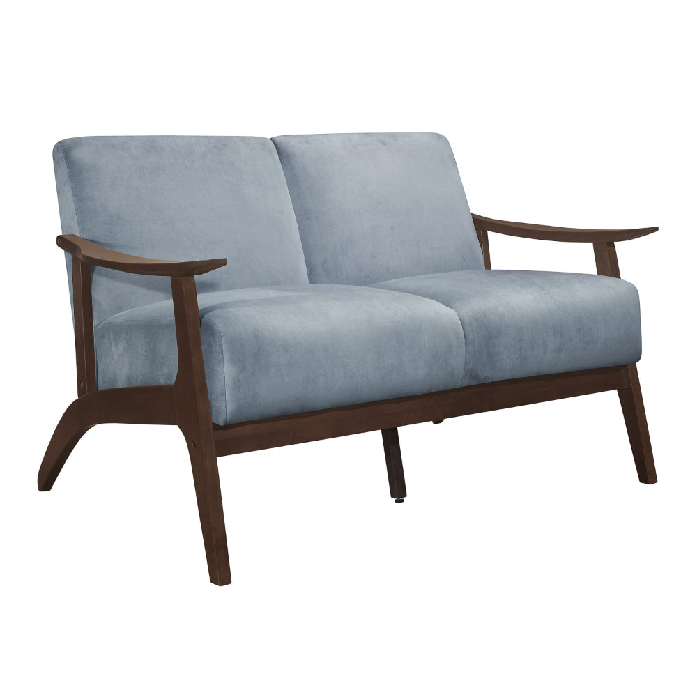 Rica 51 Inch Loveseat, Soft Blue Gray Velvet, Walnut Brown Solid Wood By Casagear Home