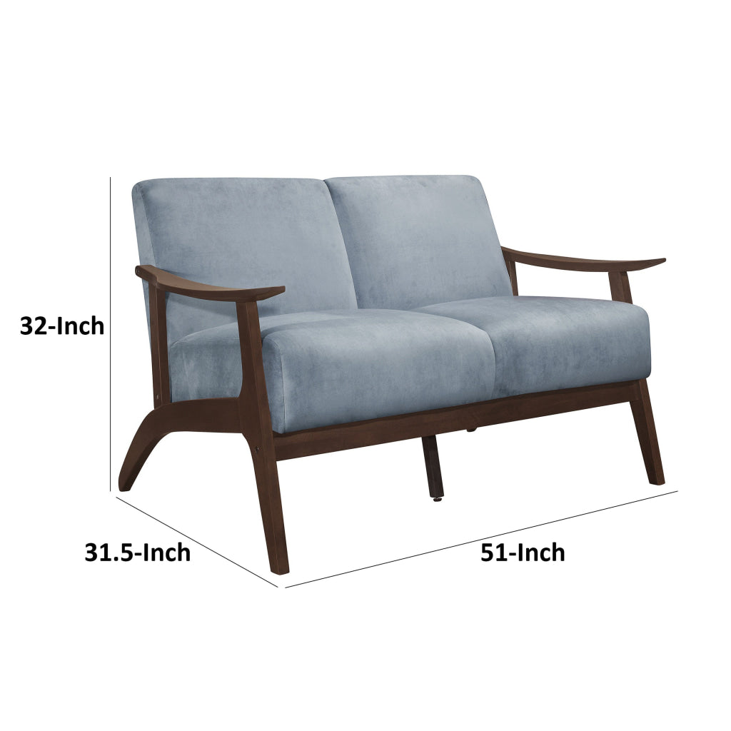 Rica 51 Inch Loveseat Soft Blue Gray Velvet Walnut Brown Solid Wood By Casagear Home BM313130