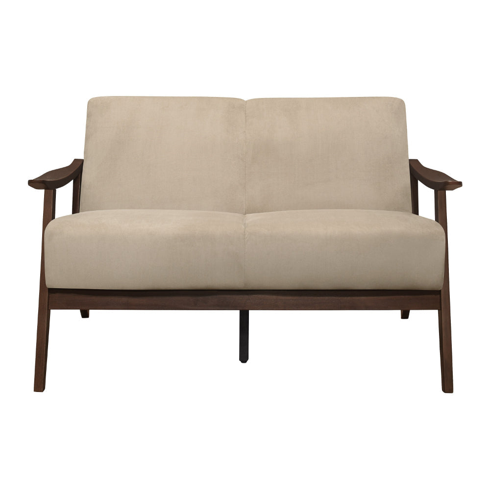 Rica 51 Inch Loveseat Curved Soft Beige Velvet Walnut Brown Solid Wood By Casagear Home BM313131