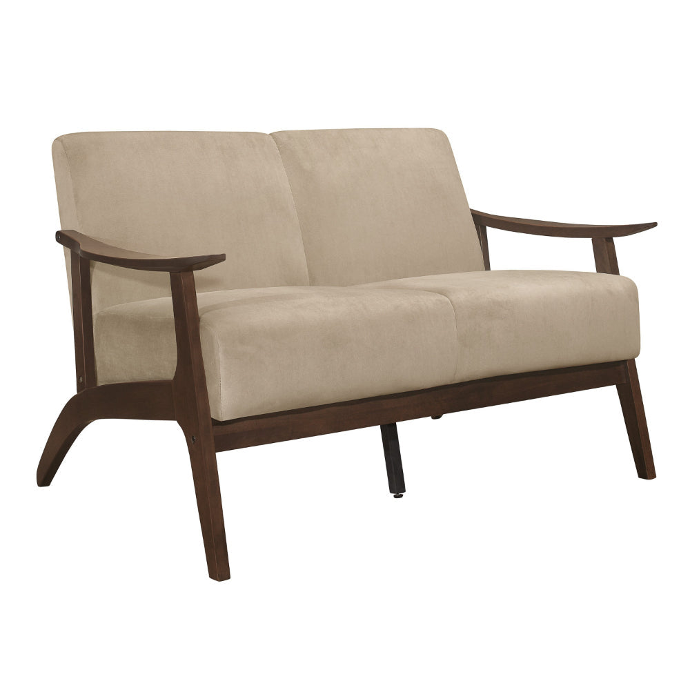 Rica 51 Inch Loveseat, Curved, Soft Beige Velvet, Walnut Brown Solid Wood By Casagear Home