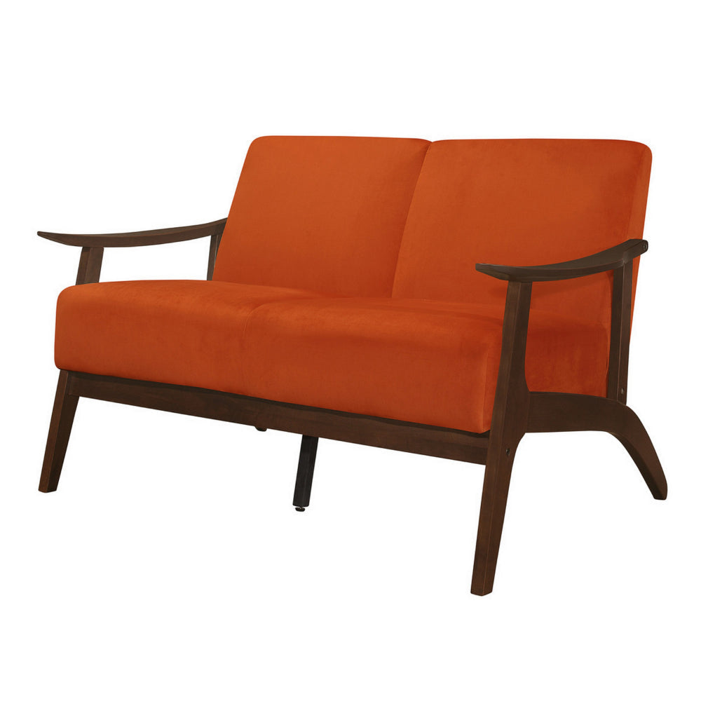 Rica 51 Inch Loveseat Curved Soft Orange Velvet Walnut Brown Solid Wood By Casagear Home BM313133