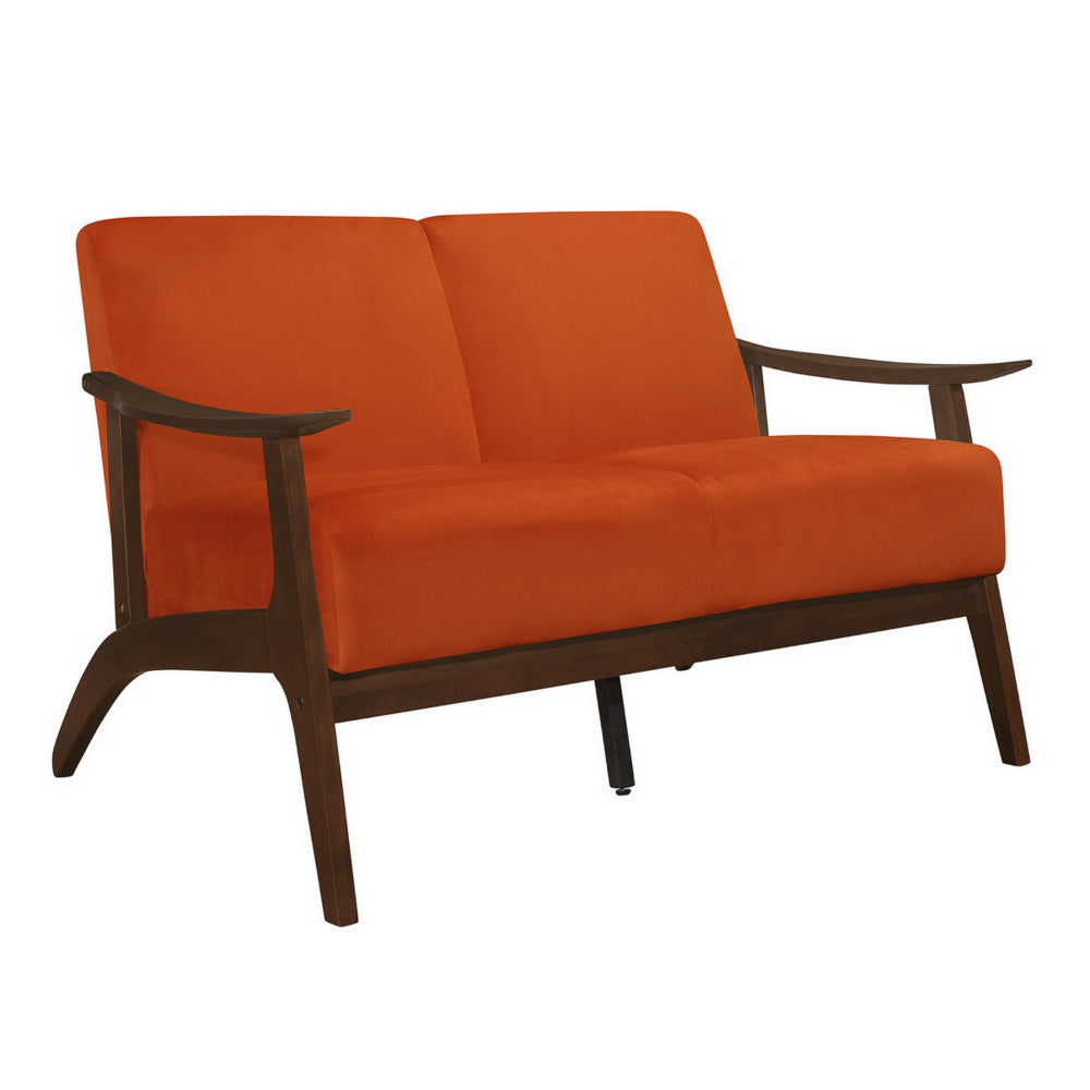 Rica 51 Inch Loveseat, Curved, Soft Orange Velvet, Walnut Brown Solid Wood By Casagear Home