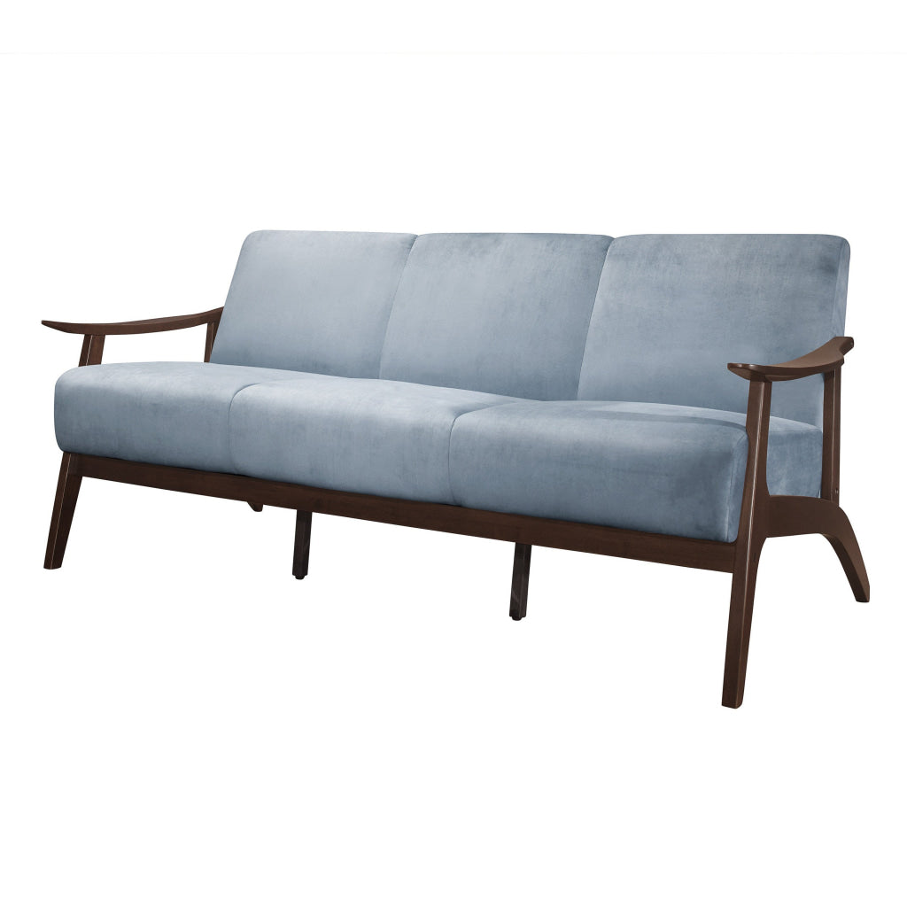 Rica 73 Inch Sofa Soft Blue Gray Velvet Walnut Brown Solid Rubberwood By Casagear Home BM313134