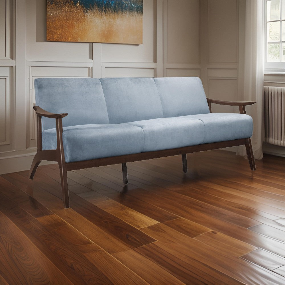 Rica 73 Inch Sofa, Soft Blue Gray Velvet, Walnut Brown Solid Rubberwood By Casagear Home