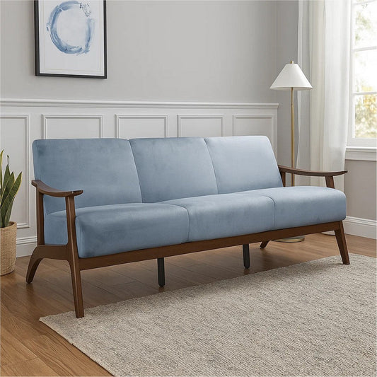 Rica 73 Inch Sofa, Soft Blue Gray Velvet, Walnut Brown Solid Rubberwood By Casagear Home