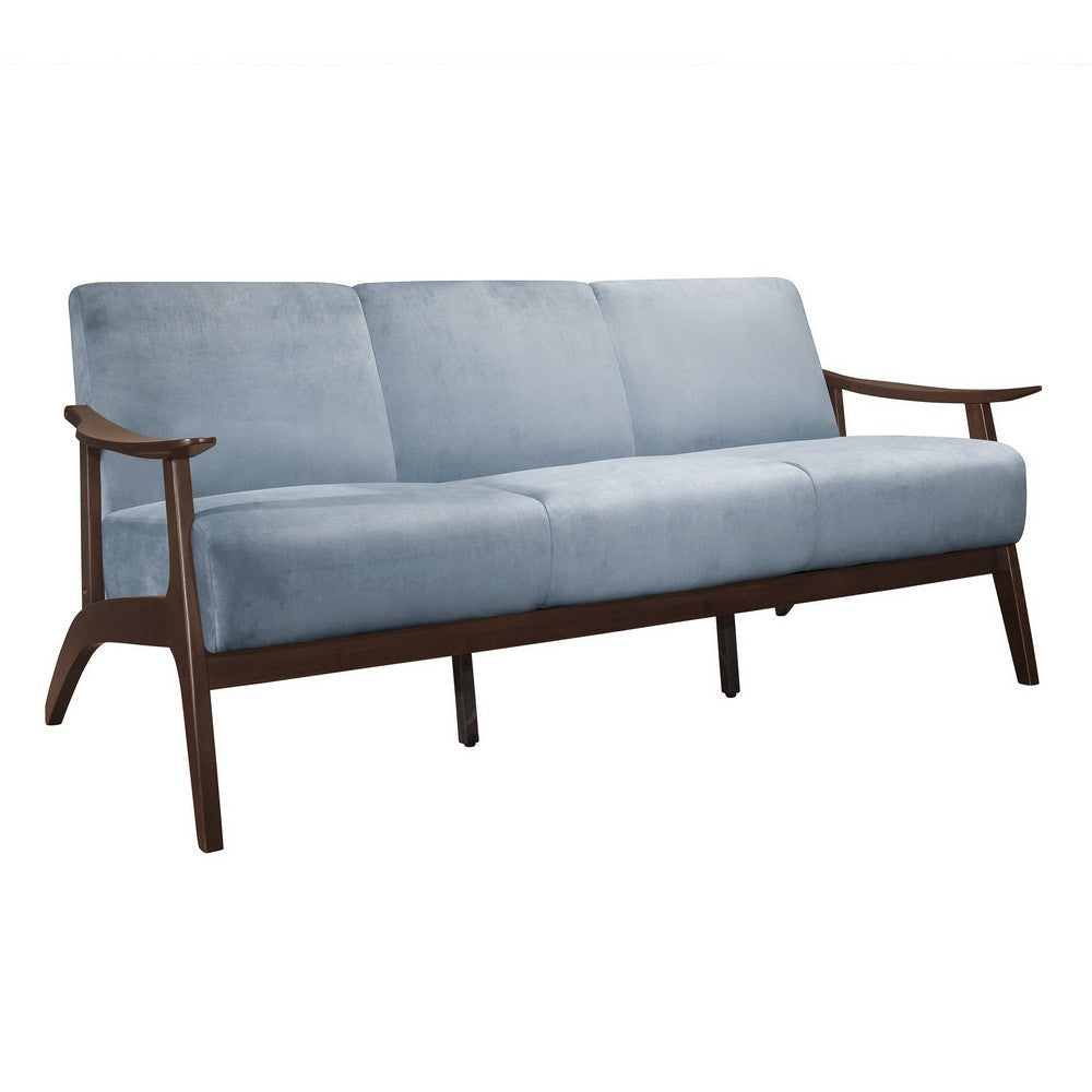 Rica 73 Inch Sofa Soft Blue Gray Velvet Walnut Brown Solid Rubberwood By Casagear Home BM313134