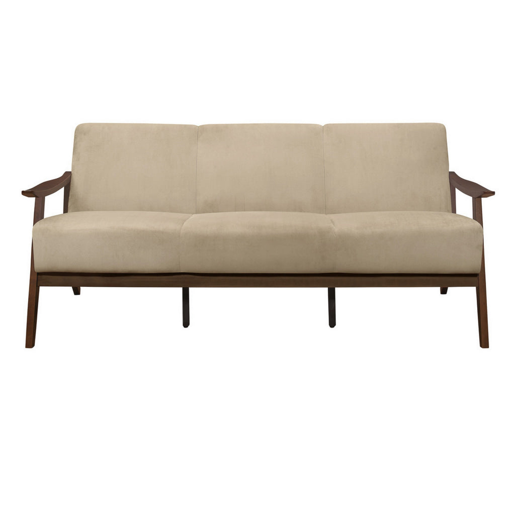 Rica 73 Inch Sofa Soft Beige Velvet Walnut Brown Solid Rubberwood By Casagear Home BM313135