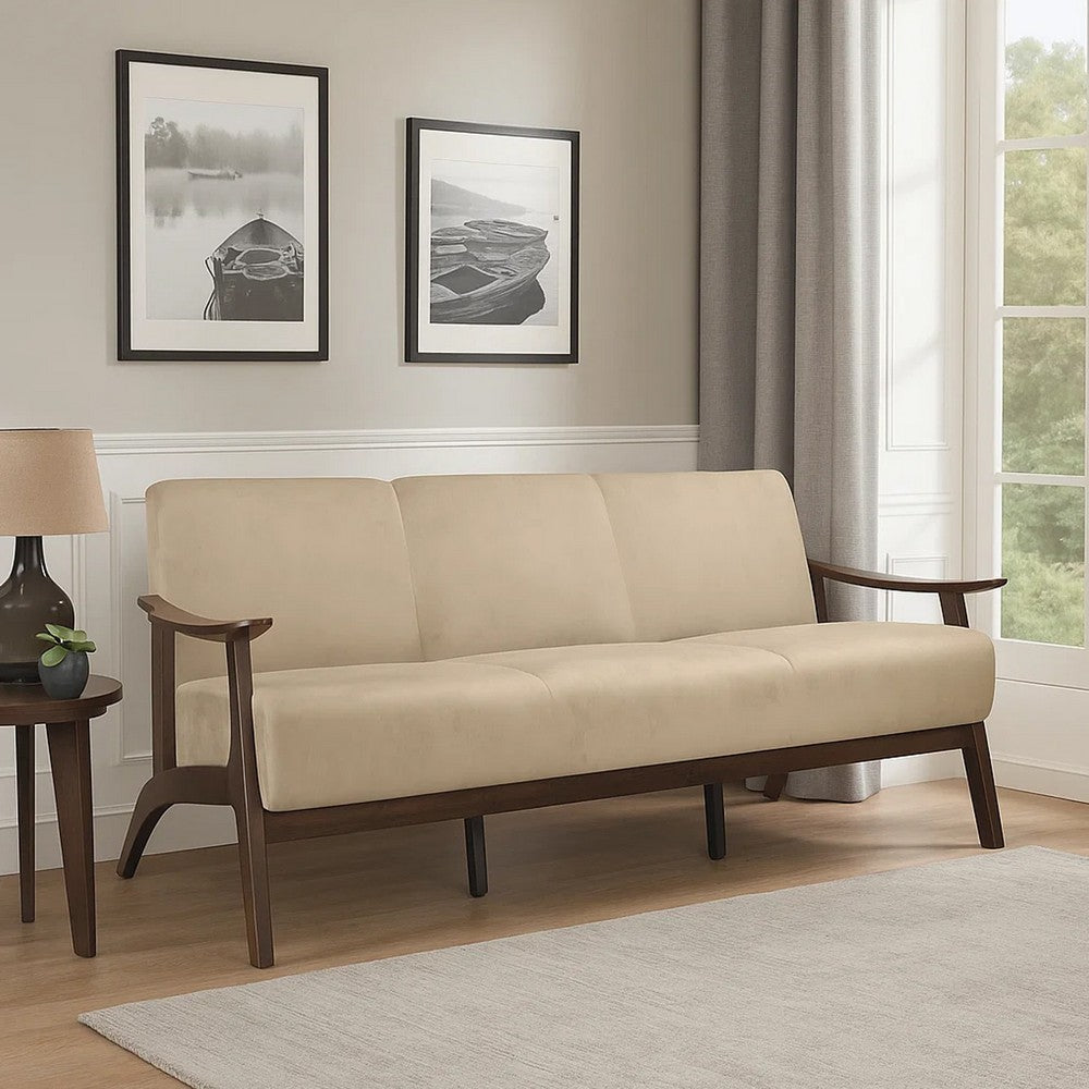 Rica 73 Inch Sofa, Soft Beige Velvet, Walnut Brown Solid Rubberwood By Casagear Home