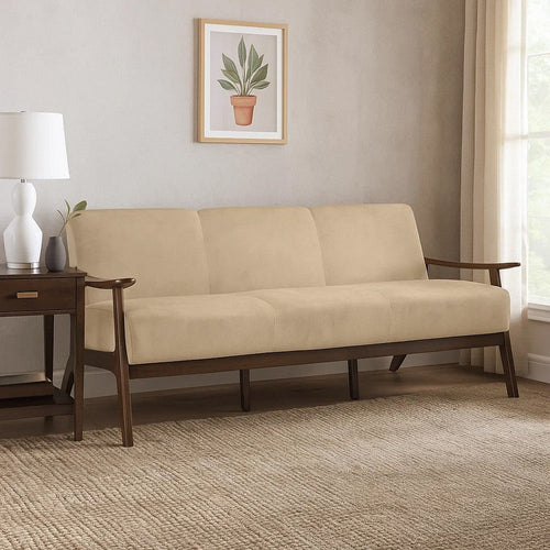 Rica 73 Inch Sofa, Soft Beige Velvet, Walnut Brown Solid Rubberwood By Casagear Home