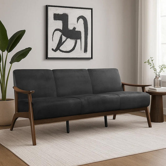 Rica 73 Inch Sofa, Soft Dark Gray Velvet, Walnut Brown Solid Rubberwood By Casagear Home