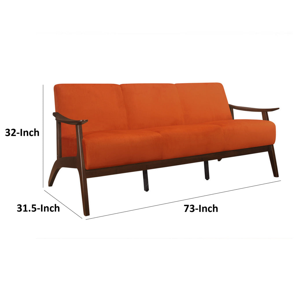 Rica 73 Inch Sofa Soft Orange Velvet Walnut Brown Solid Rubberwood By Casagear Home BM313137