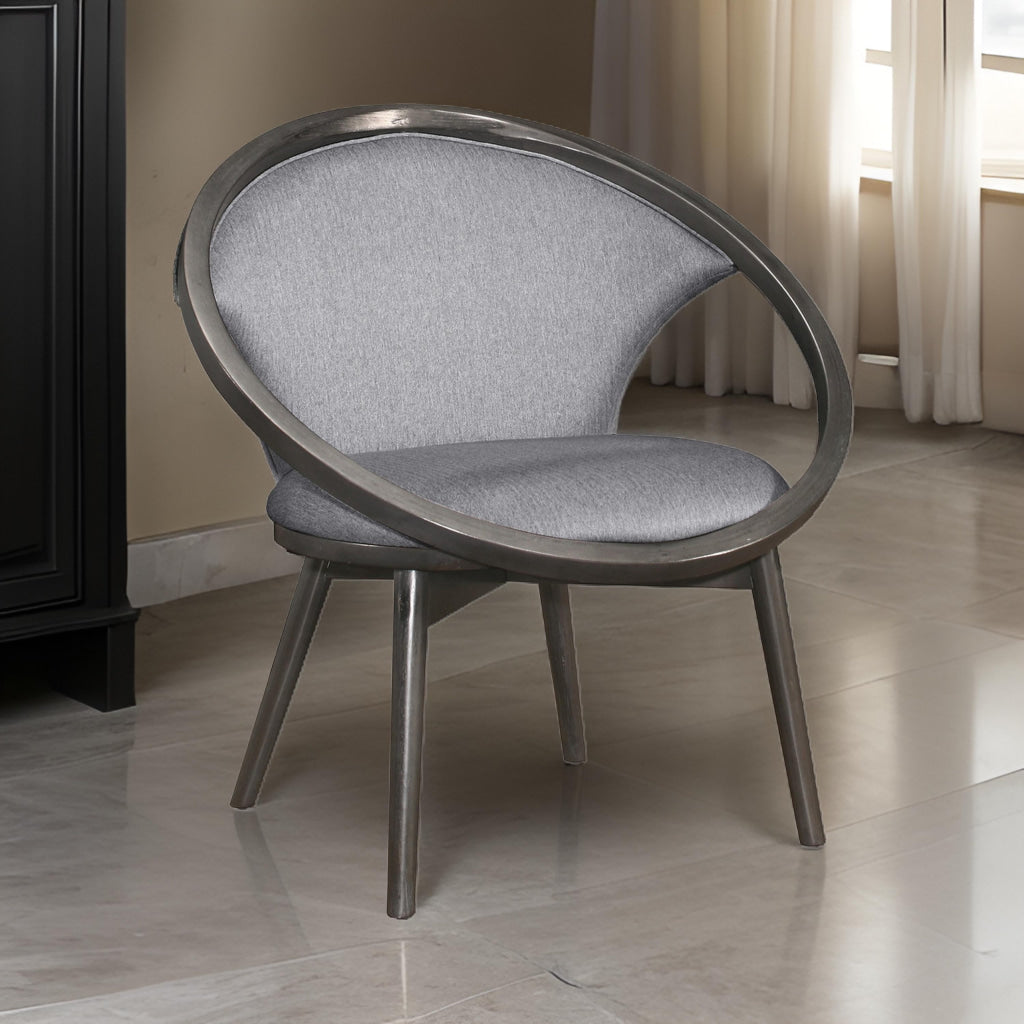 Lara 32 Inch Accent Chair, Gray Polyester, Dark Round Solid Wood Frame By Casagear Home