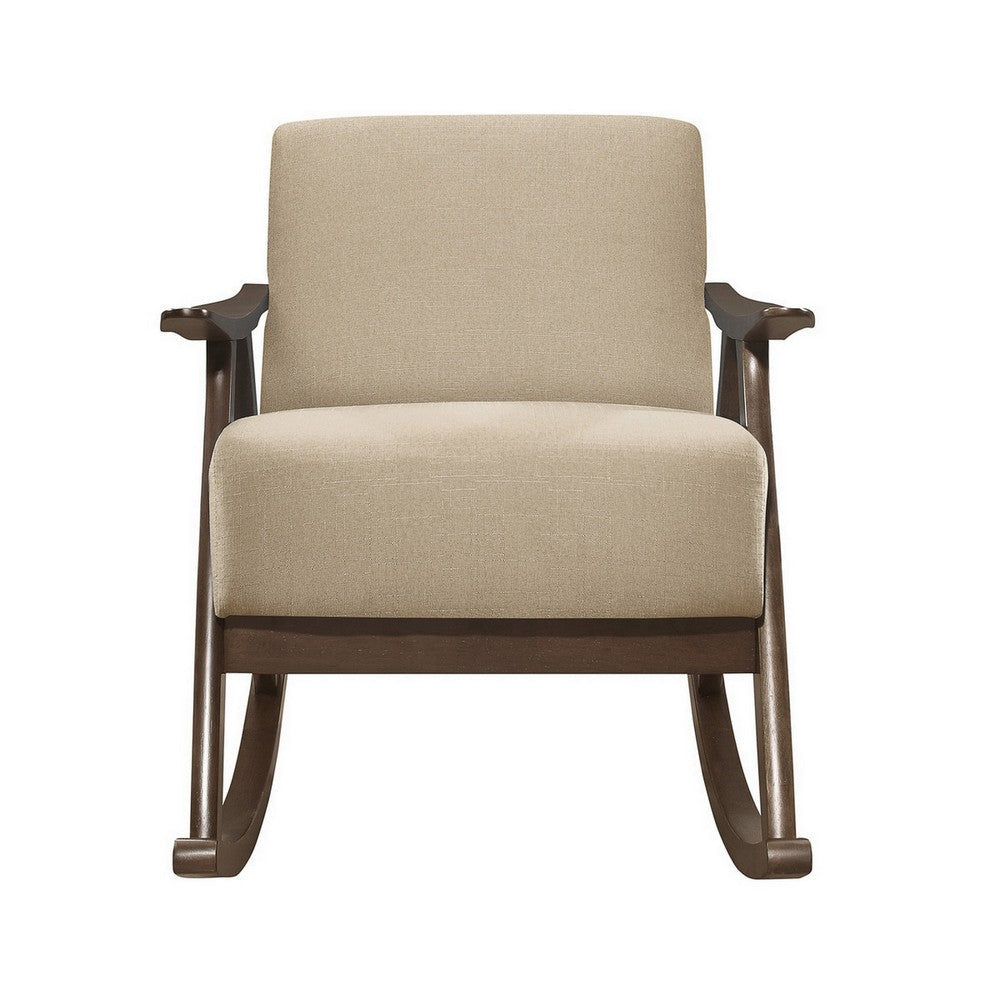 Tim 37 Inch Rocking Armchair Beige Polyester Walnut Brown Solid Wood By Casagear Home BM313142