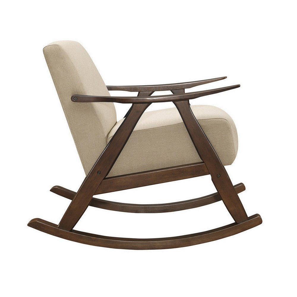 Tim 37 Inch Rocking Armchair Beige Polyester Walnut Brown Solid Wood By Casagear Home BM313142