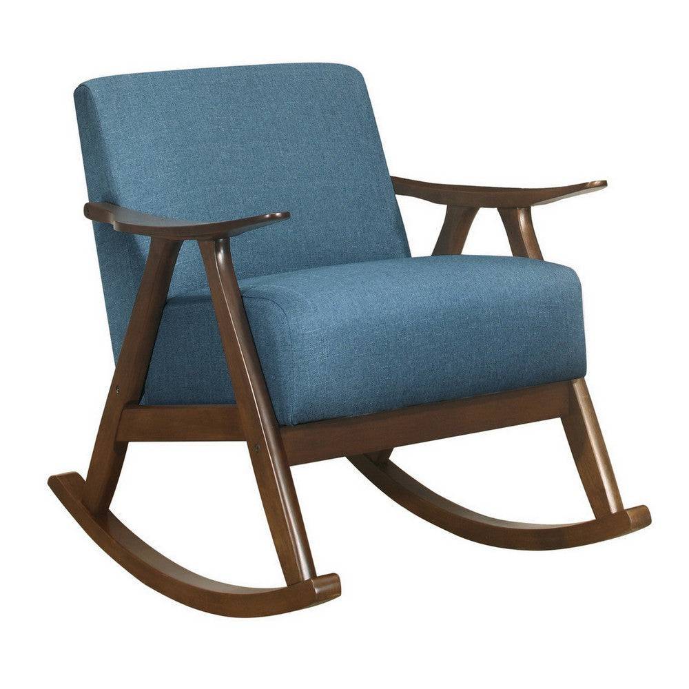 Tim 37 Inch Rocking Armchair Blue Polyester Walnut Brown Solid Wood By Casagear Home BM313143