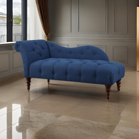 Selena 66 Inch Chaise Lounger, Tufted Blue Polyester, Brown Solid Wood By Casagear Home