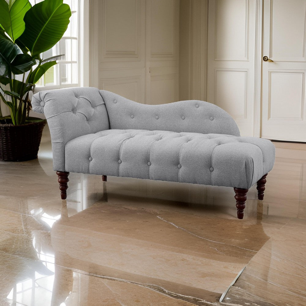 Selena 66 Inch Chaise Lounger, Tufted Gray Polyester, Brown Solid Wood By Casagear Home