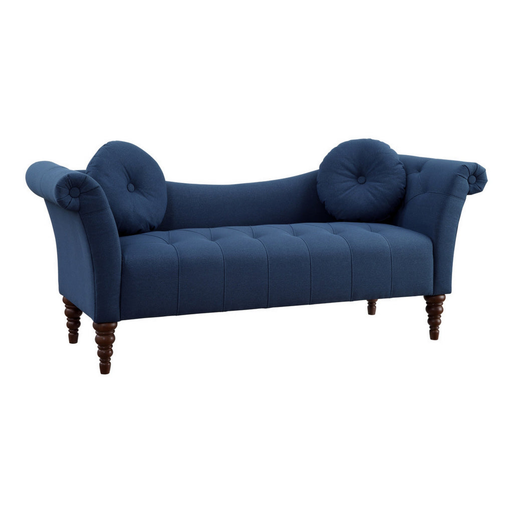 Ria 75 Inch Settee Chaise 2 Pillows Blue Polyester Brown Solid Wood By Casagear Home BM313153