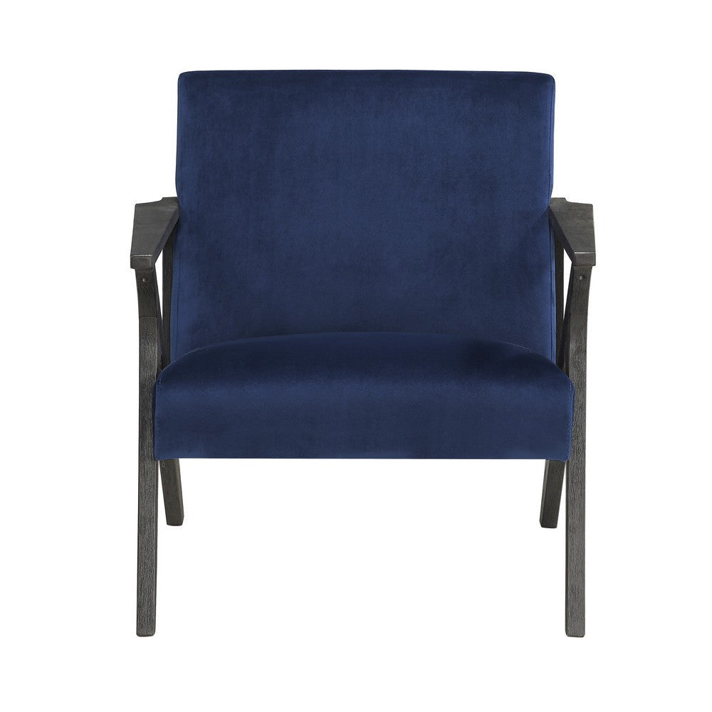 Esme 35 Inch Accent Chair Wood Armchair Blue Velvet Cushioned Seat Gray By Casagear Home BM313157