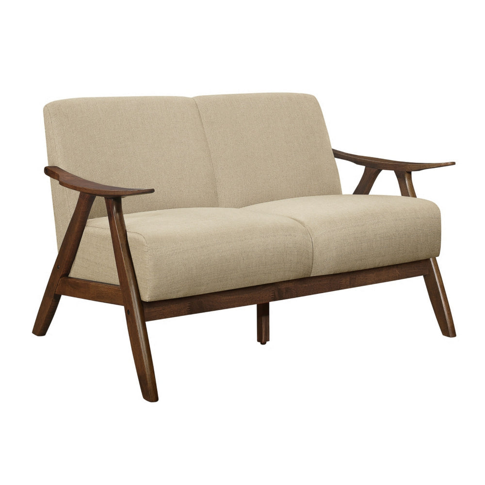 Indy 51 Inch Loveseat, Brown Rubberwood Angled Frame, Textured Beige Fabric By Casagear Home