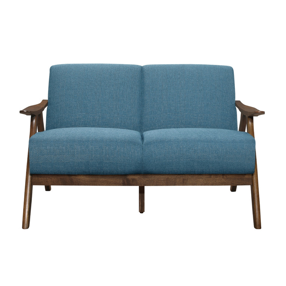 Indy 51 Inch Loveseat Brown Rubberwood Angled Frame Textured Blue Fabric By Casagear Home BM313159
