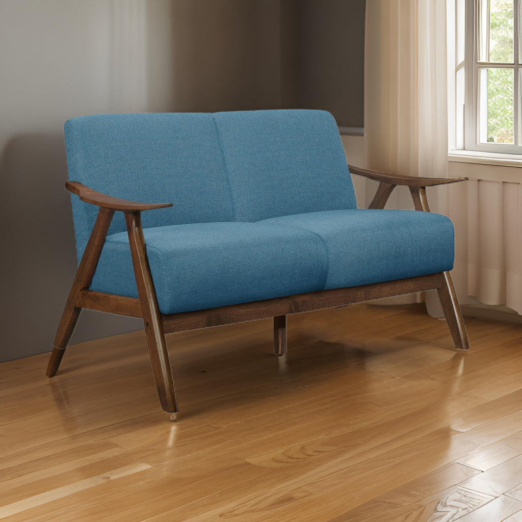 Indy 51 Inch Loveseat, Brown Rubberwood Angled Frame, Textured Blue Fabric By Casagear Home