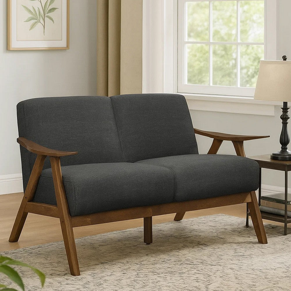 Indy 51 Inch Loveseat Brown Rubberwood Angled Frame Textured Gray Fabric By Casagear Home BM313160