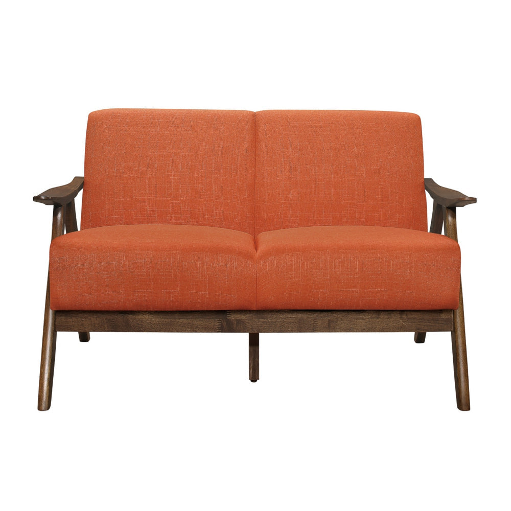 Indy 51 Inch Loveseat Brown Wood Angled Frame Textured Orange Fabric By Casagear Home BM313162