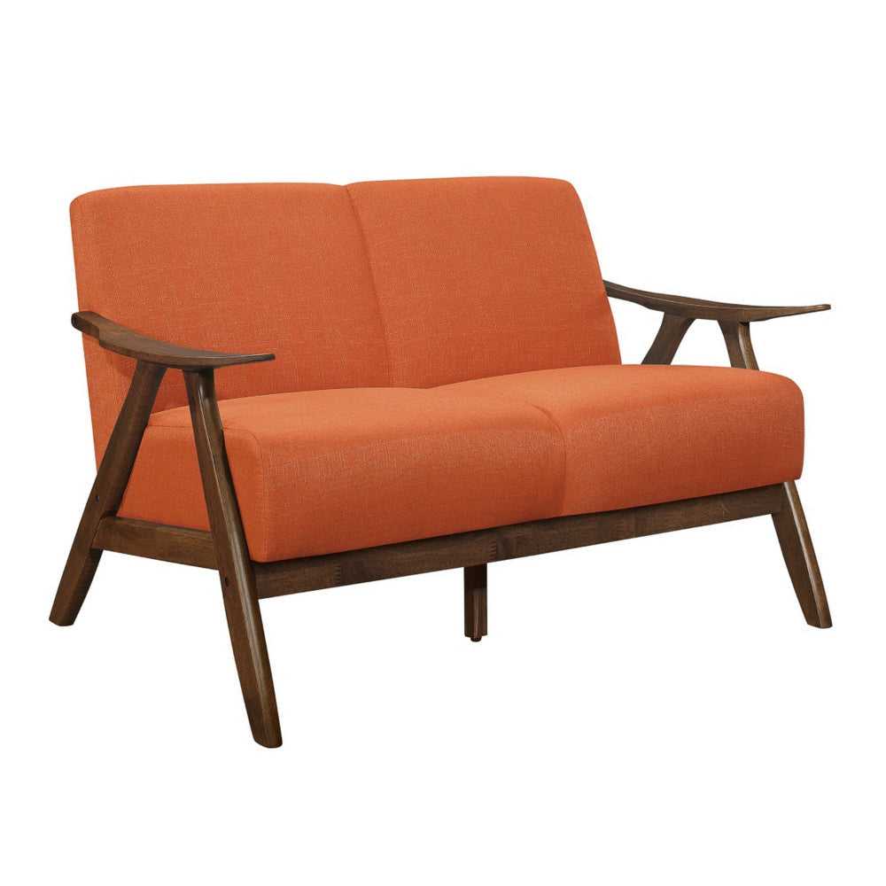 Indy 51 Inch Loveseat, Brown Wood Angled Frame, Textured Orange Fabric By Casagear Home
