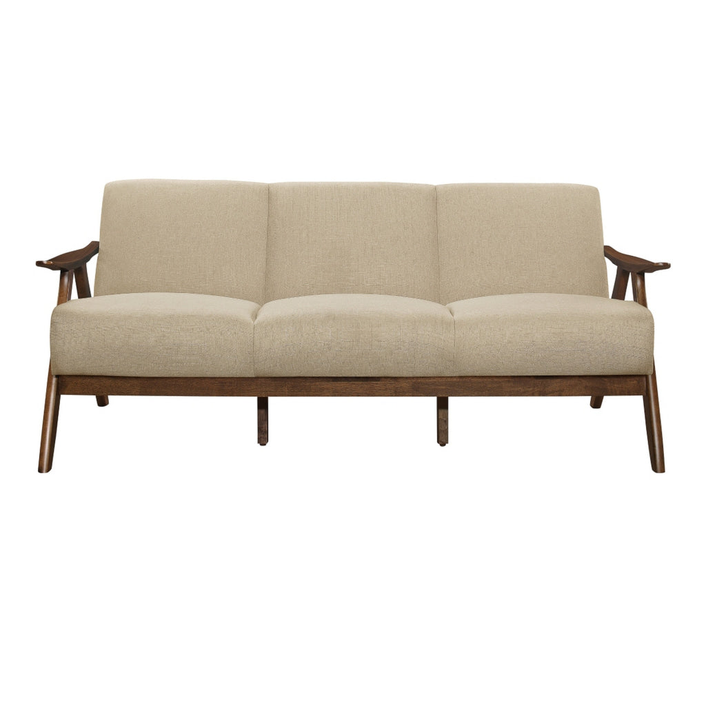 Indy 73 Inch Sofa Brown Rubberwood Angled Frame Textured Beige Fabric By Casagear Home BM313163