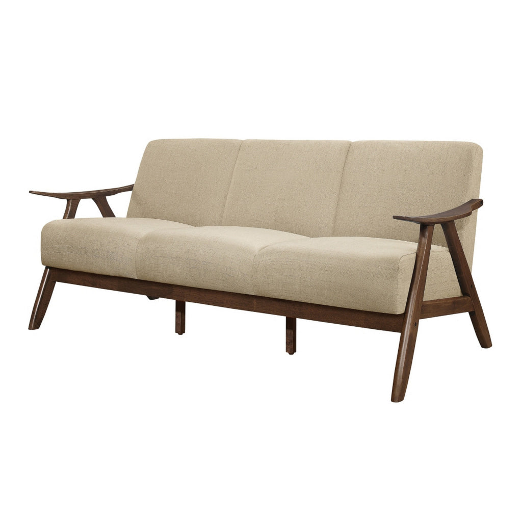 Indy 73 Inch Sofa Brown Rubberwood Angled Frame Textured Beige Fabric By Casagear Home BM313163