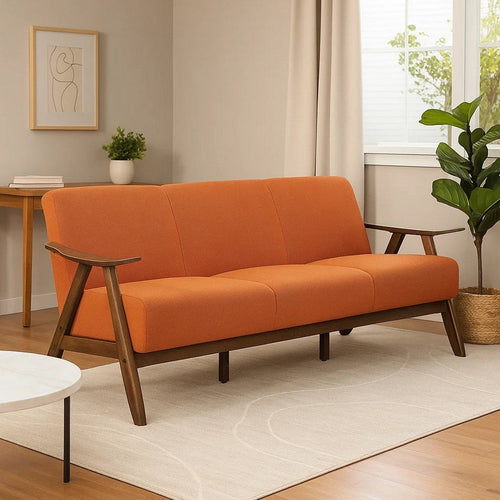 Indy 73 Inch Sofa, Brown Wood Angled Frame, Cozy Textured Orange Fabric By Casagear Home