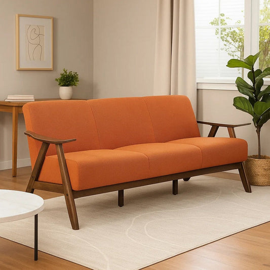 Indy 73 Inch Sofa, Brown Wood Angled Frame, Cozy Textured Orange Fabric By Casagear Home