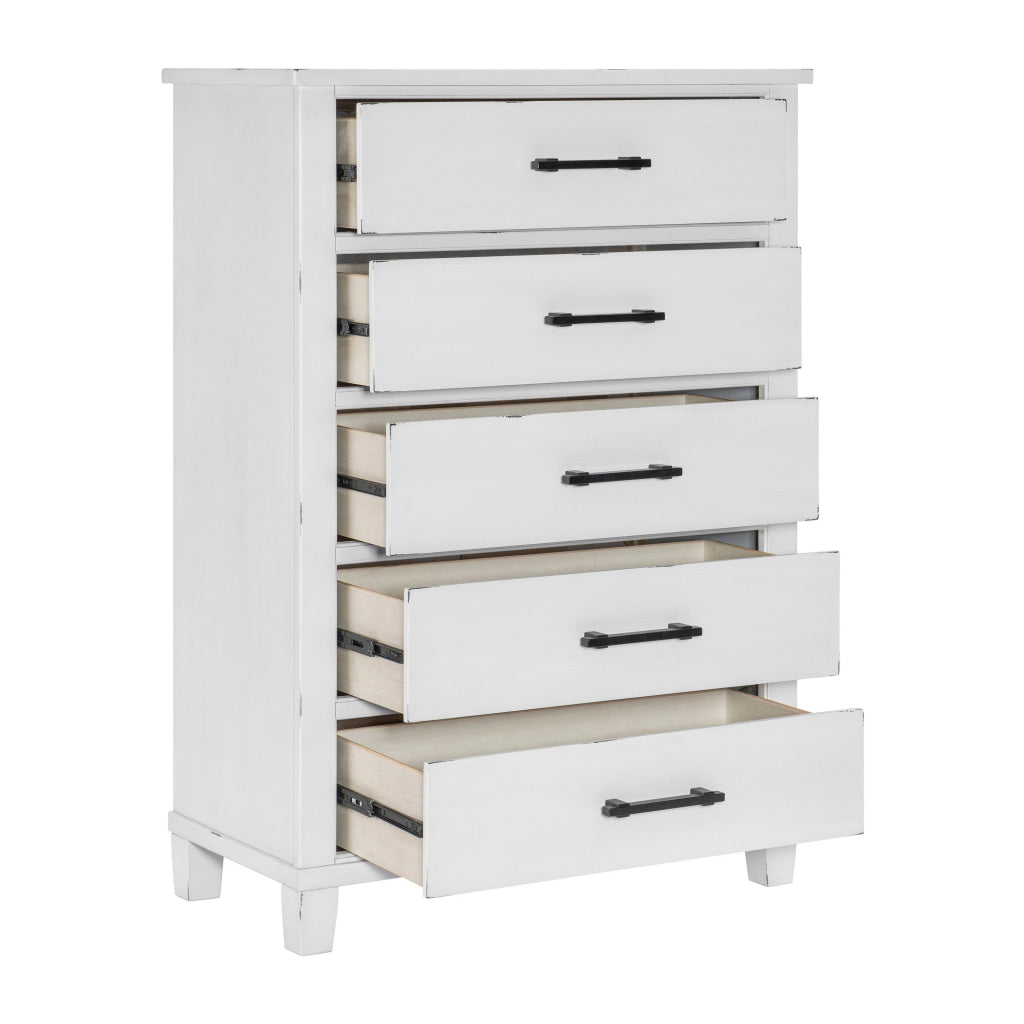 Gemi 53 Inch Tall Dresser Chest 5 Drawer with Black Handles White Wood By Casagear Home BM313169