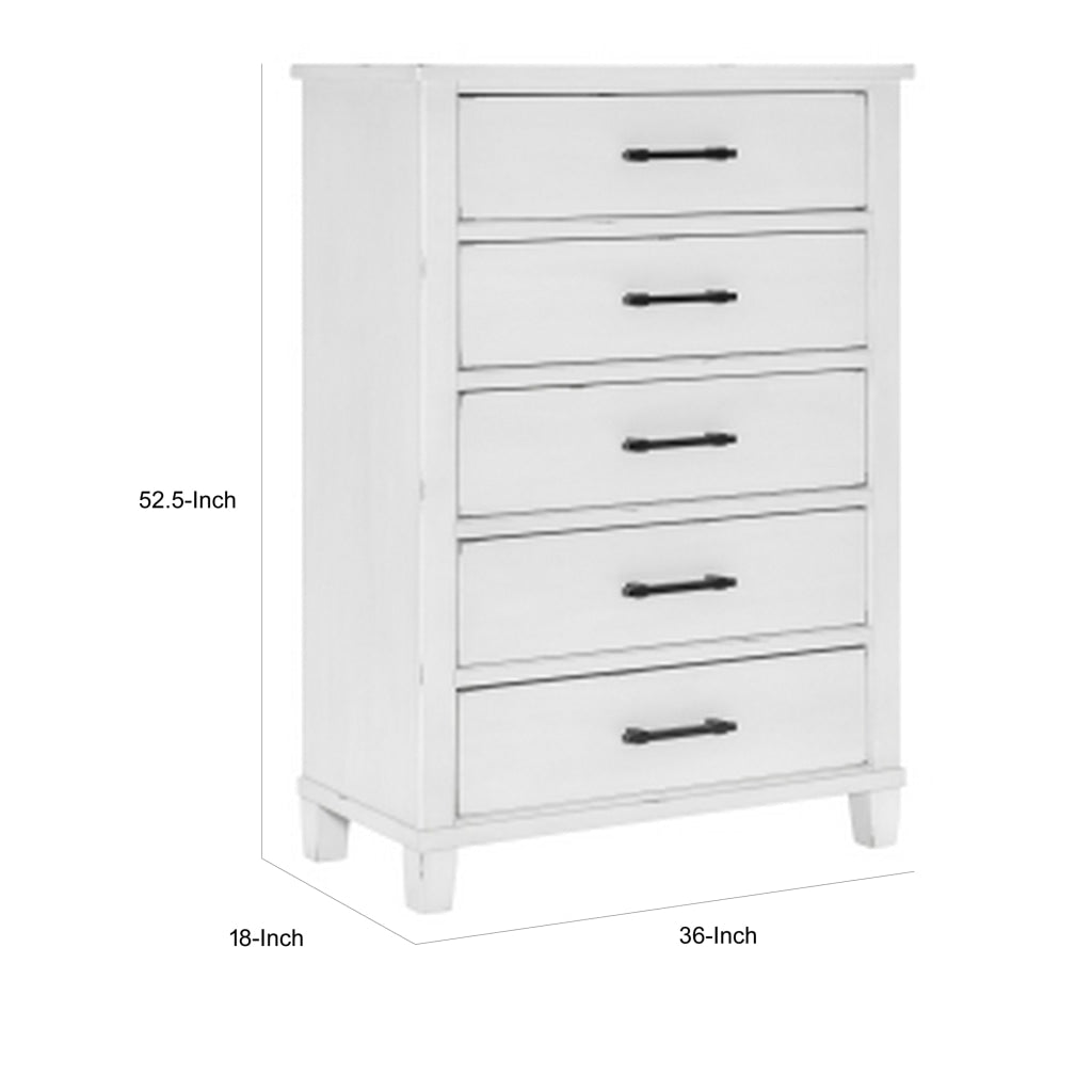 Gemi 53 Inch Tall Dresser Chest 5 Drawer with Black Handles White Wood By Casagear Home BM313169