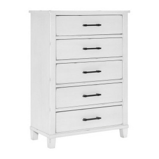 Gemi 53 Inch Tall Dresser Chest, 5 Drawer with Black Handles, White Wood By Casagear Home