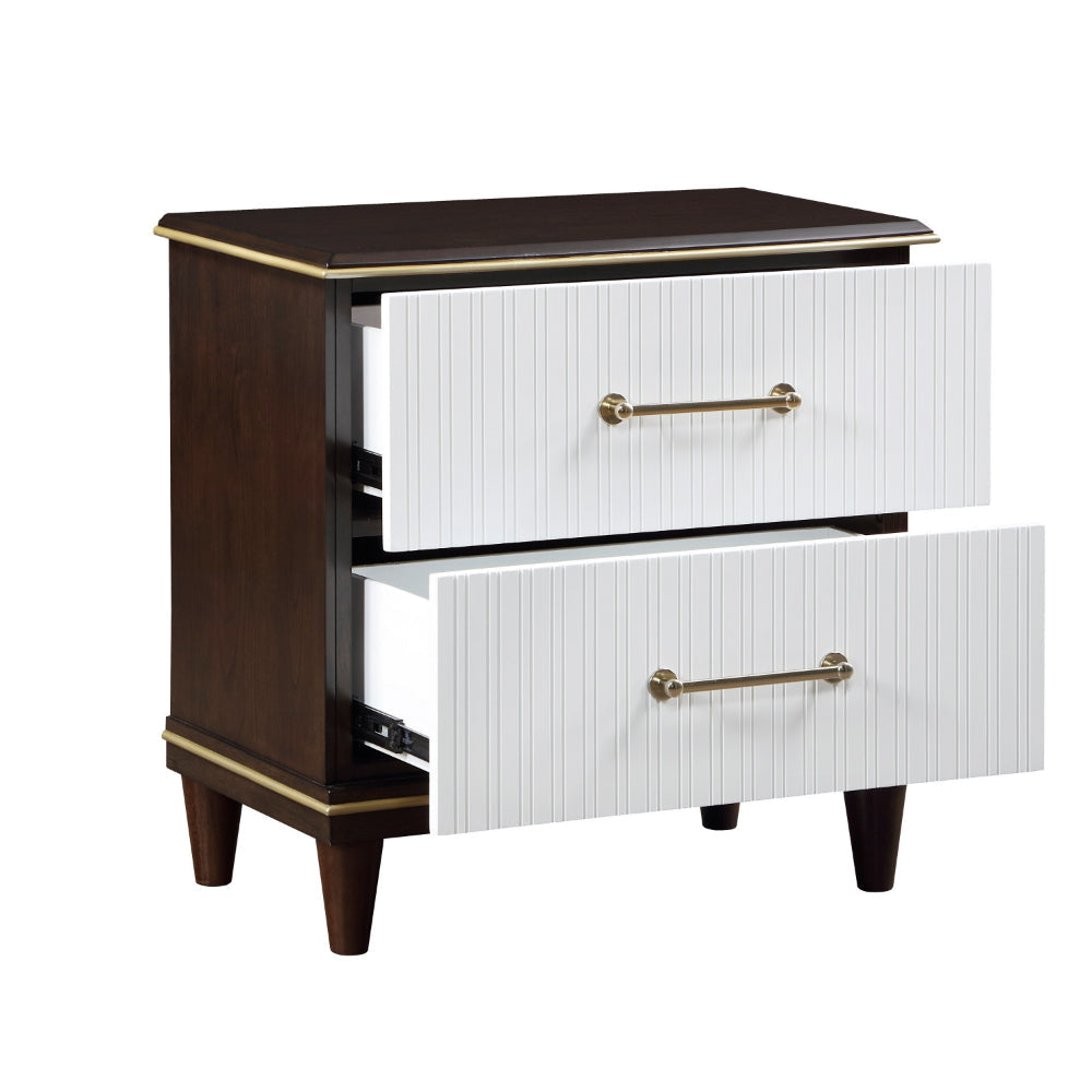 Shim 29 Inch Nightstand with 2 Drawers Gold White and Cherry Brown Wood By Casagear Home BM313173