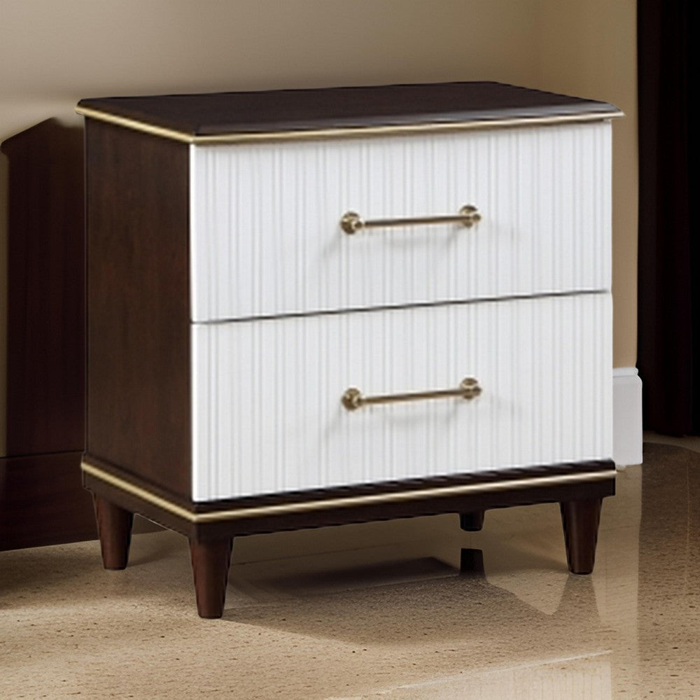 Shim 29 Inch Nightstand with 2 Drawers, Gold, White, and Cherry Brown Wood By Casagear Home