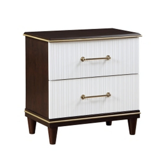 Shim 29 Inch Nightstand with 2 Drawers, Gold, White, and Cherry Brown Wood By Casagear Home