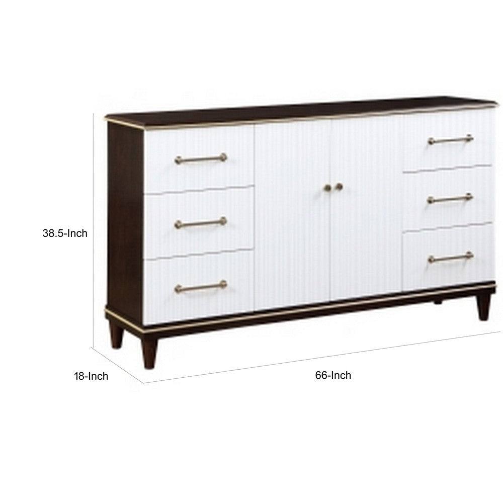 Shim 66 Inch Wide Dresser 6 Drawers and Double Door White Cherry Brown By Casagear Home BM313174