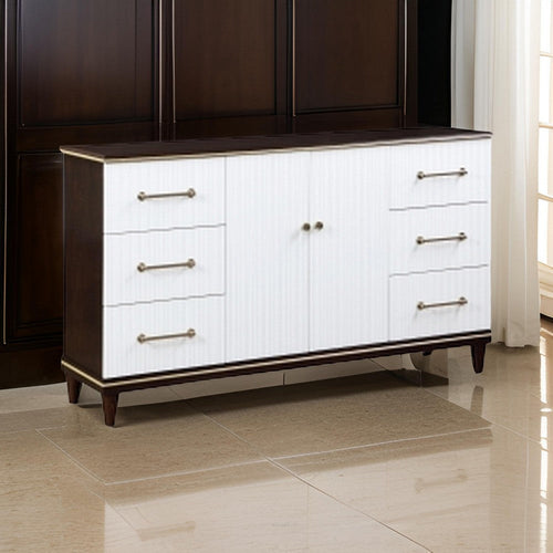 Shim 66 Inch Wide Dresser, 6 Drawers and Double Door, White, Cherry Brown By Casagear Home
