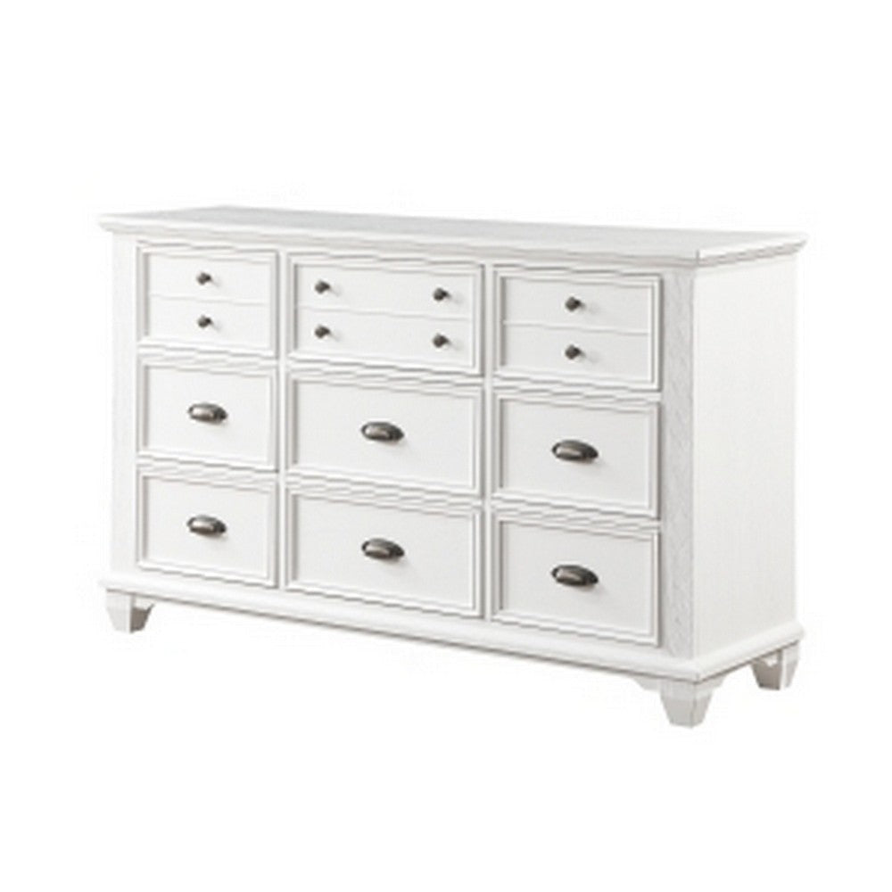 Lyni 61 Inch Wide Dresser with 9 Drawers Farmhouse White Acacia Wood By Casagear Home BM313177