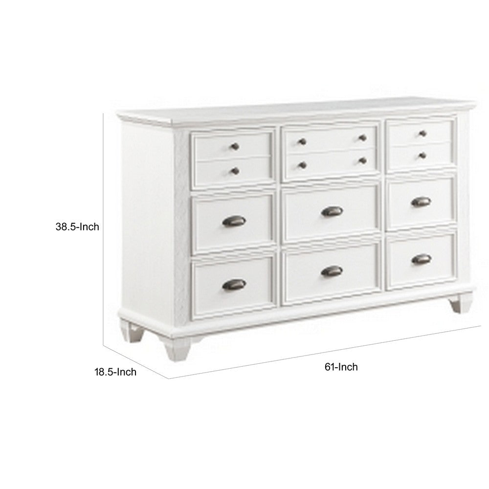 Lyni 61 Inch Wide Dresser with 9 Drawers Farmhouse White Acacia Wood By Casagear Home BM313177