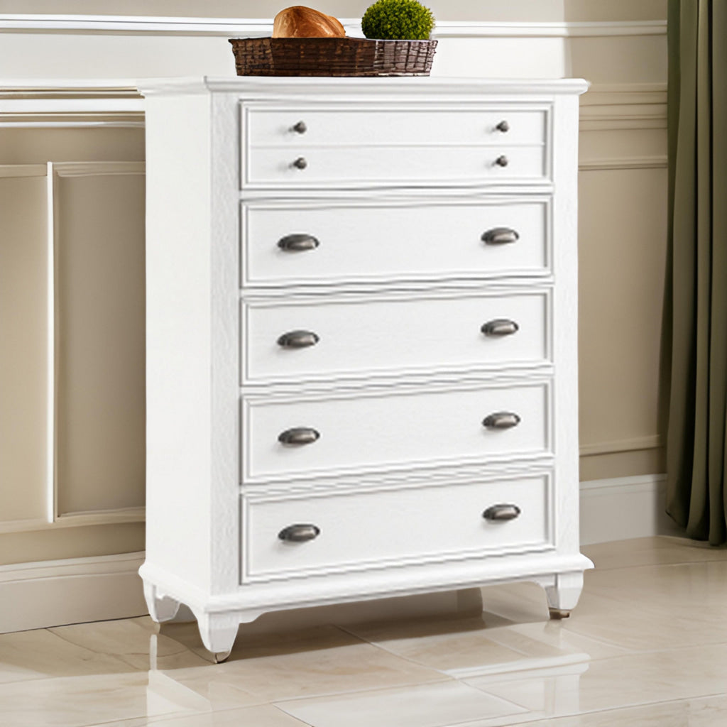 Lyni 55 Inch Tall Dresser Chest with 5 Drawers Farmhouse White Acacia Wood By Casagear Home BM313178