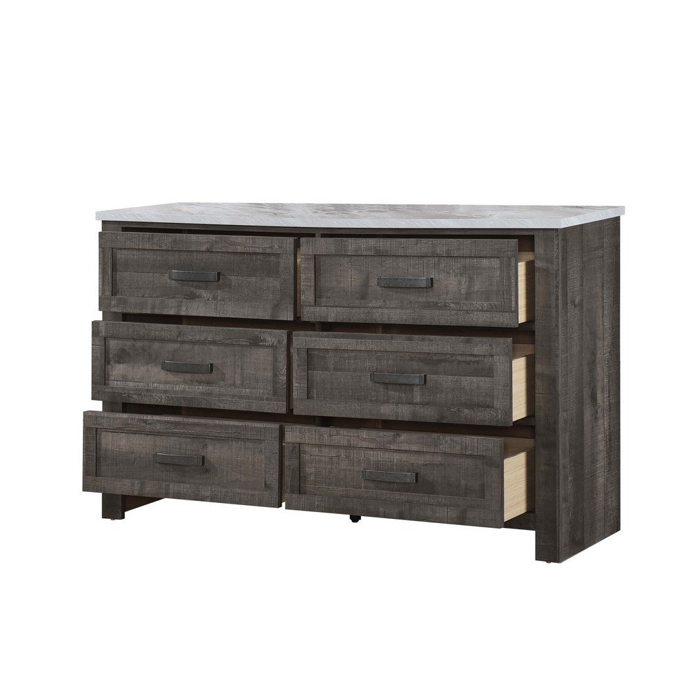 Romy 59 Inch Wide Dresser 6 Drawers Rustic Farmhouse Gray and White Wood By Casagear Home BM313184