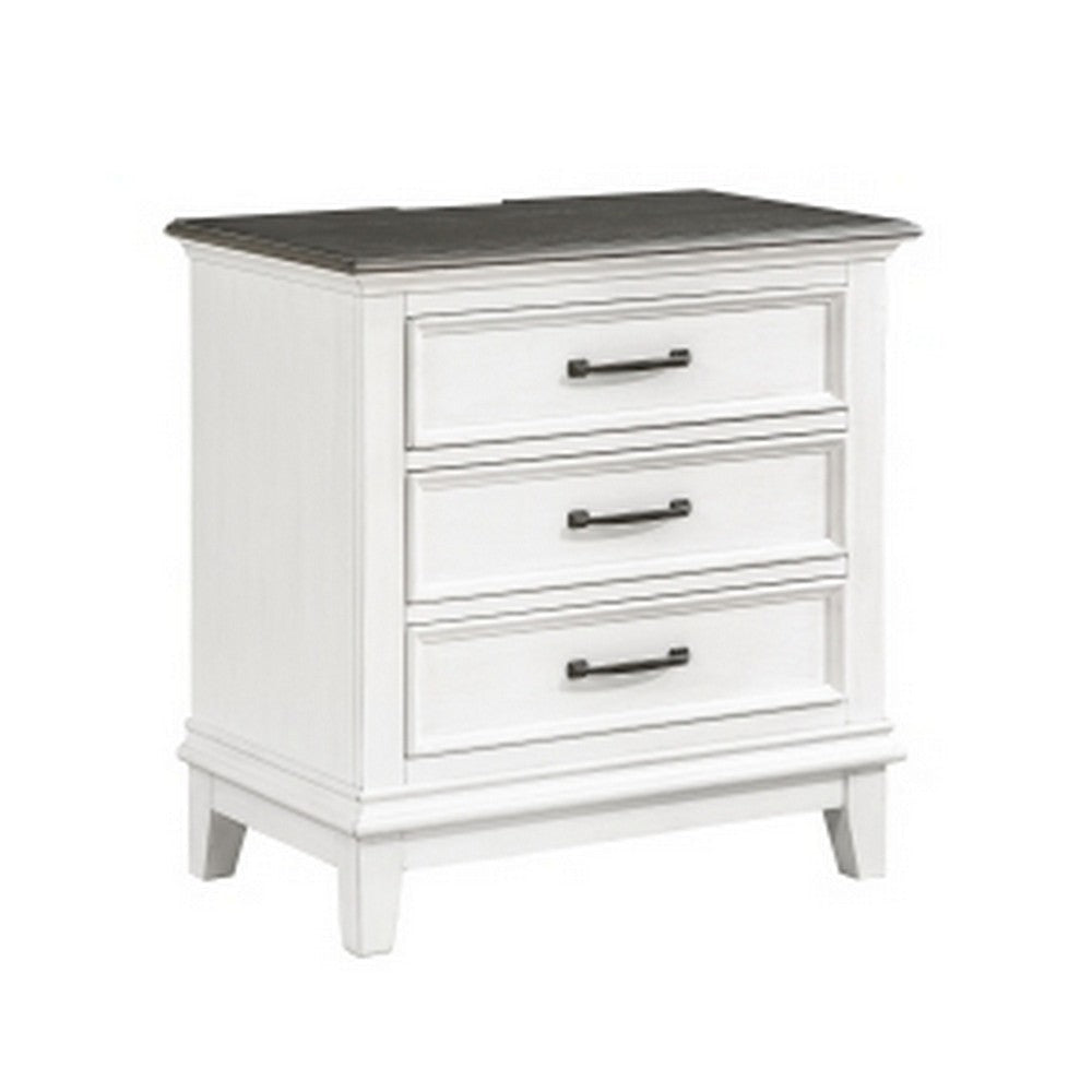 Woki 29 Inch Nightstand 3 Drawers USB Port White Brown Solid Wood By Casagear Home BM313189