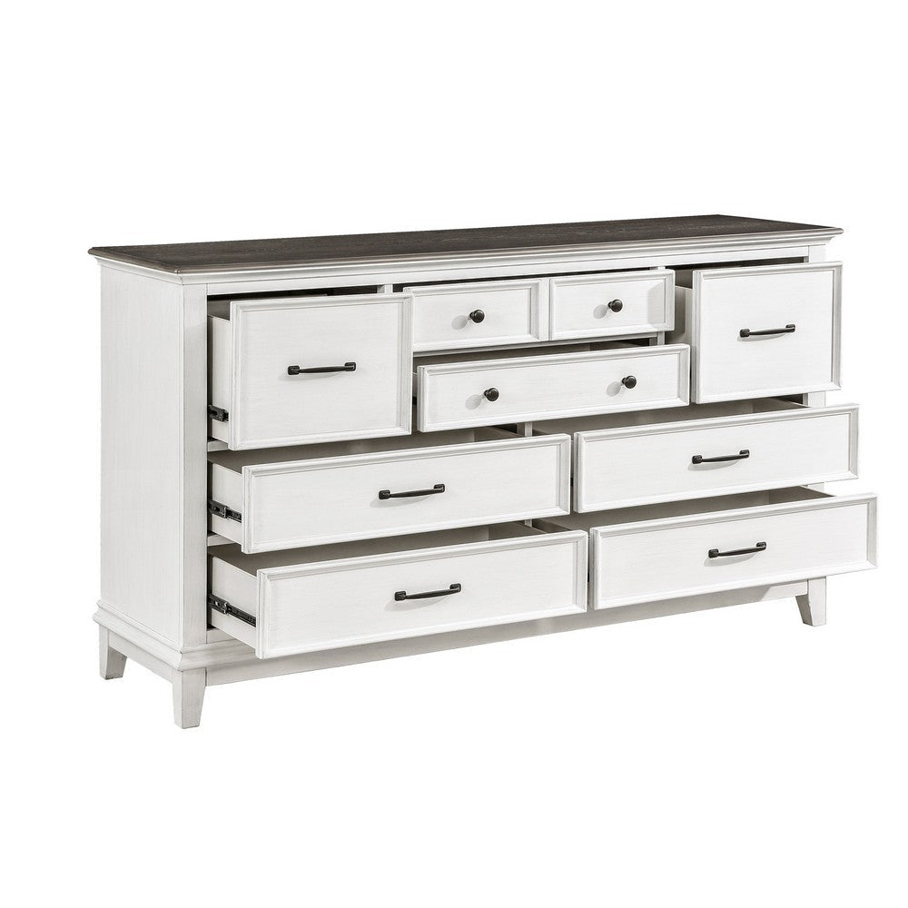 Woki 66 Inch Wide Dresser 9 Drawers Antique White and Brown Solid Wood By Casagear Home BM313190